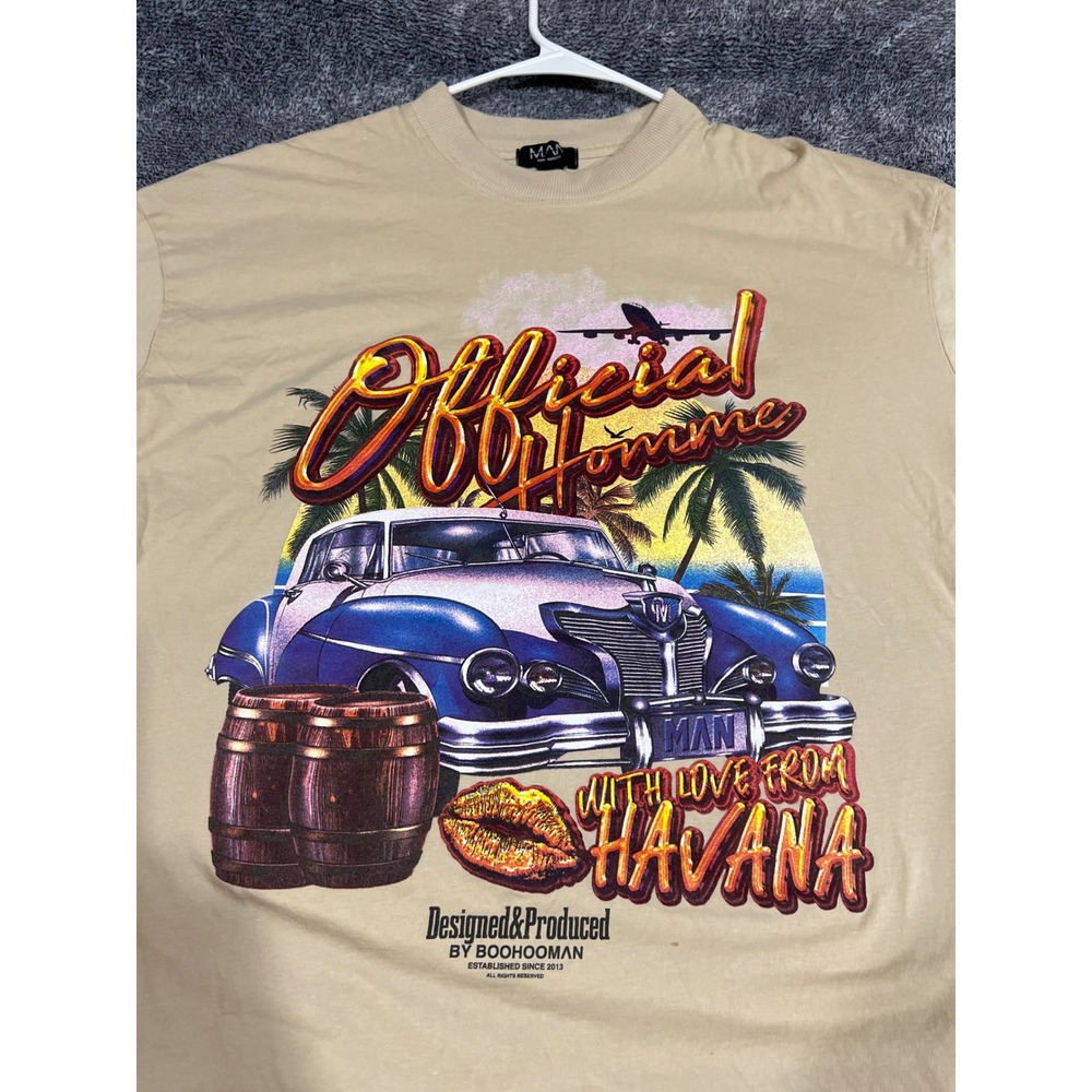 BoohooMAN Mens Official Homme Havana Graphic T-Shirt Beige Tan Size M New
